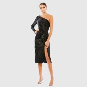Mac Duggal 26688 NWT RUCHED SEQUINED ONE SHOULDER MIDI DRESS